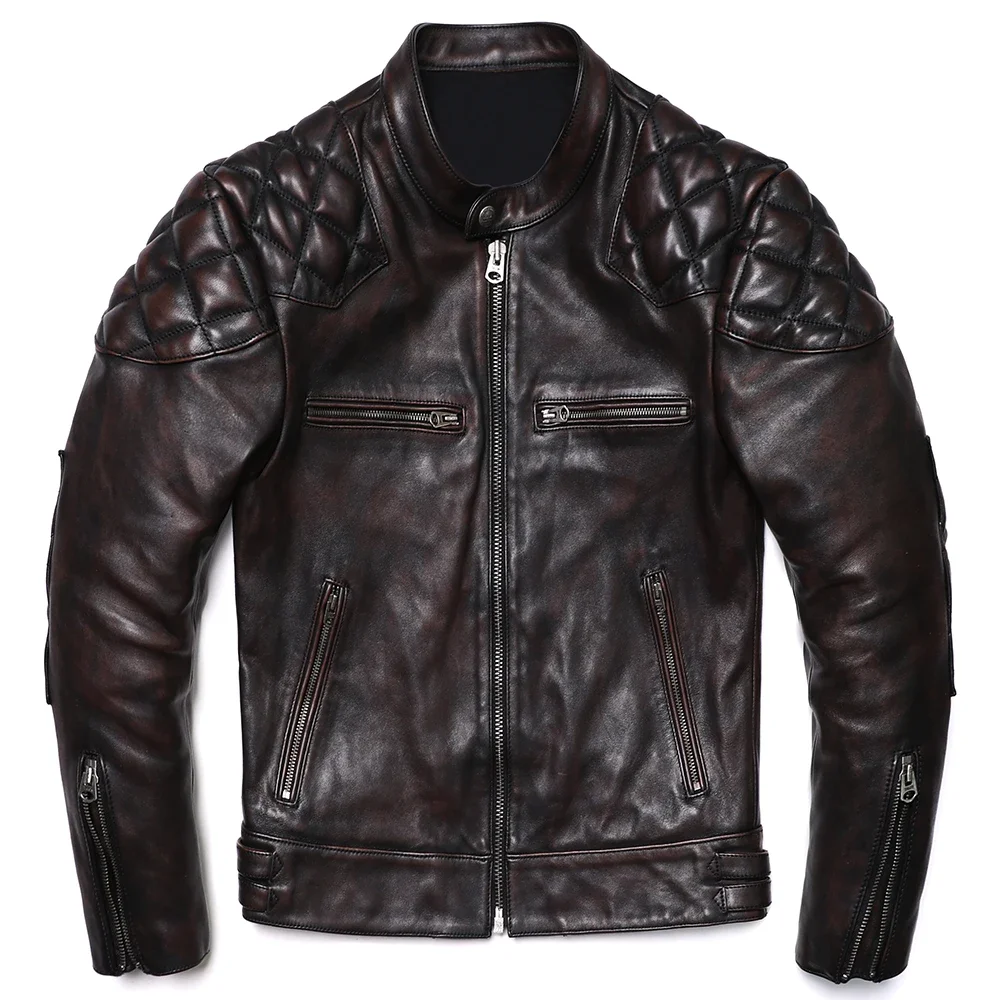 Retro Brown Natuarl Horsehide Leather Jacket Men's Vintage Style Slim Quality Genuine Leather Motorcycle Coat Luxury Biker Cloth