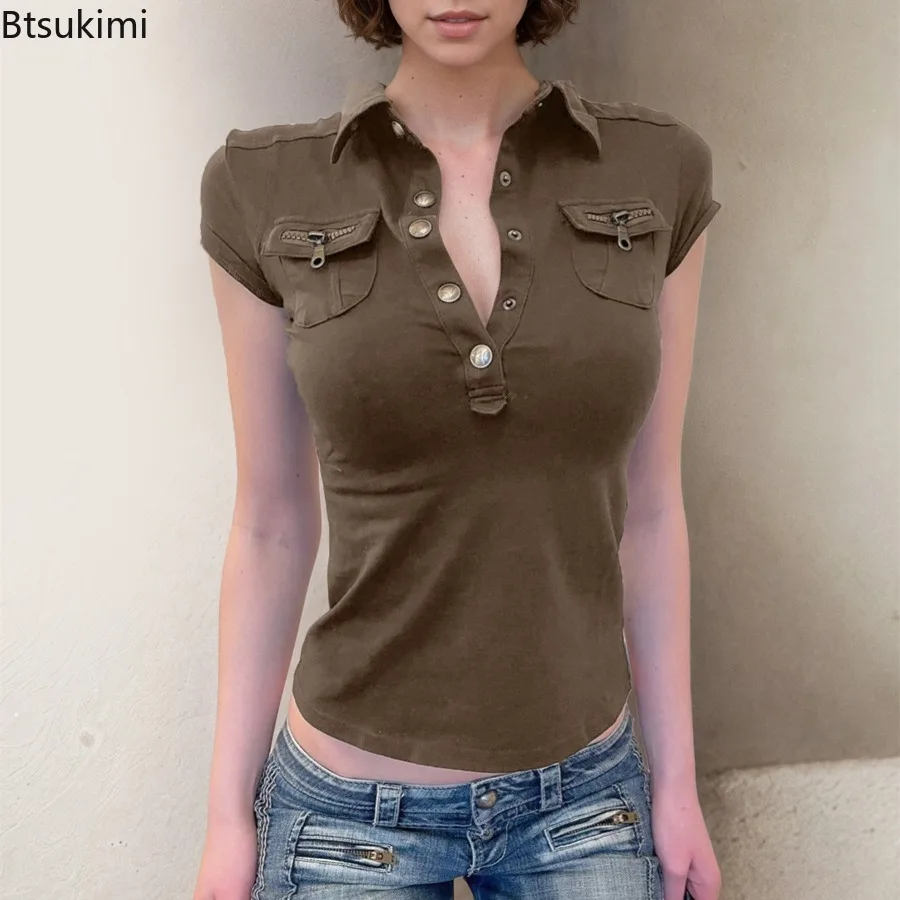 

2025 Women's Pocket T-shirt American Street Side Pockets Polo Collar Short Casual T-shirt Motorcycle Breasted Workwear Jacket
