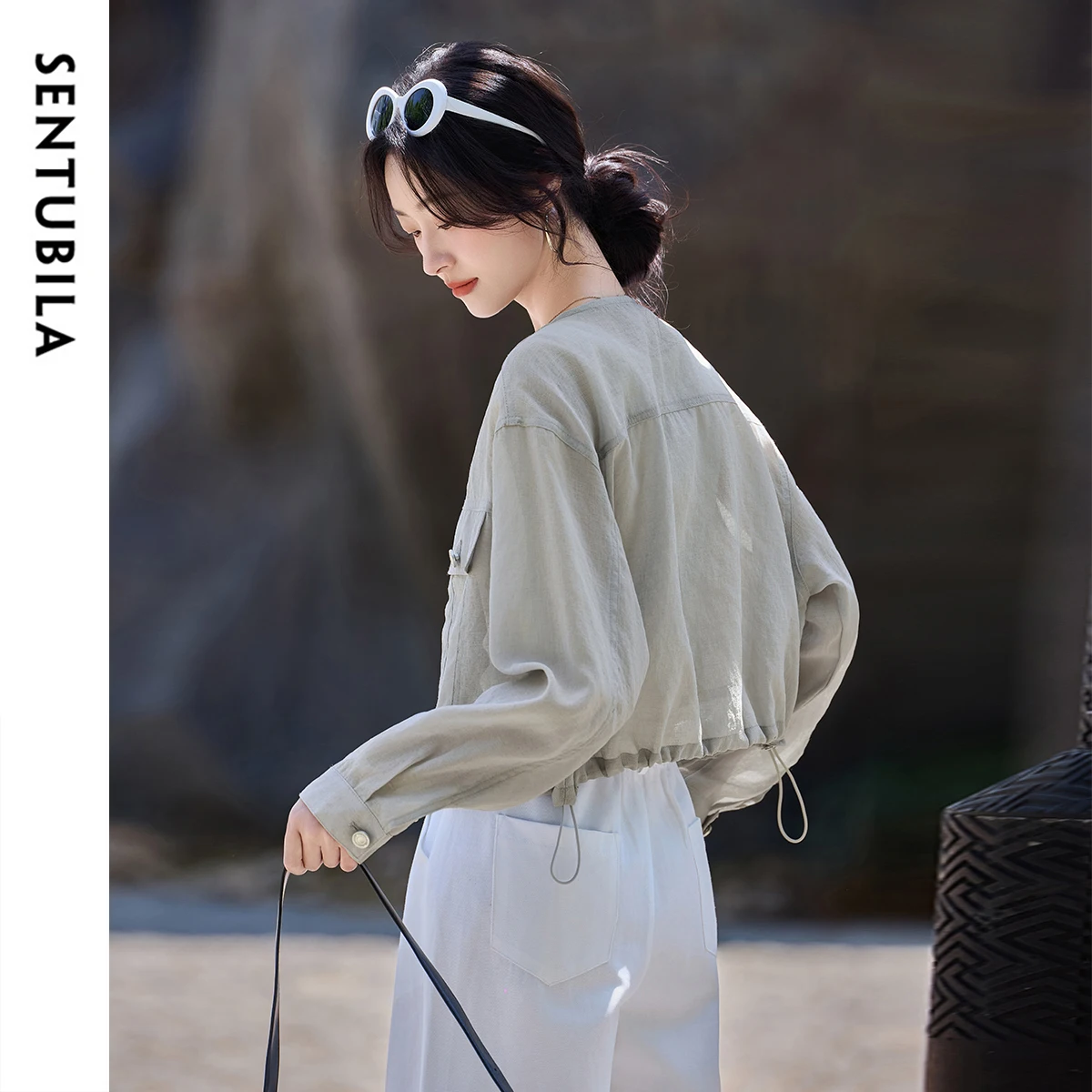 SENTUBILA court Jackes pour femmes 2025 automne à manches longues col rond fermeture éclair avant bureau dames décontracté mode manteau d'extérieur 52WO1818