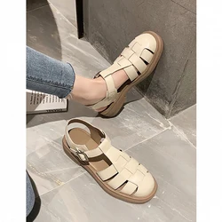 Clear Heels Comfort Shoes for Women Soft Closed Toe Sandals 2024 Summer Suit Female Beige Buckle Strap Retro Girls New Low Black