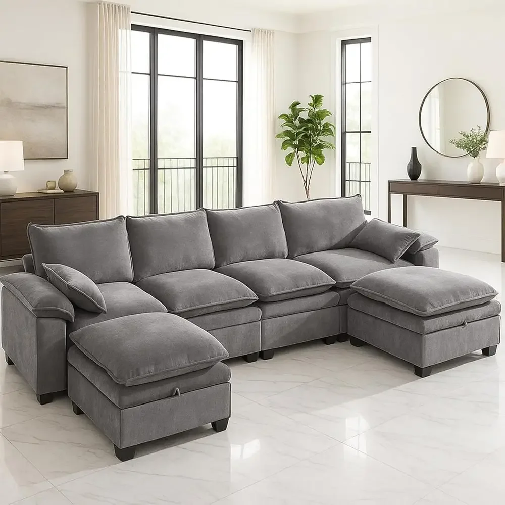 130 Sectional Sofa with Storage, Premium Chenille Cloud Couch, Movable Ottomans, 1200lbs Capacity, Deep Seat Sectional, High-Den