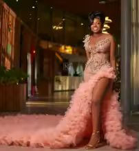 Pink Slit Ruffled Long Prom Dresses For Black Girls Pearls Women Birthday Party Dresses African Evening Gown Robe De Customized - AliExpress