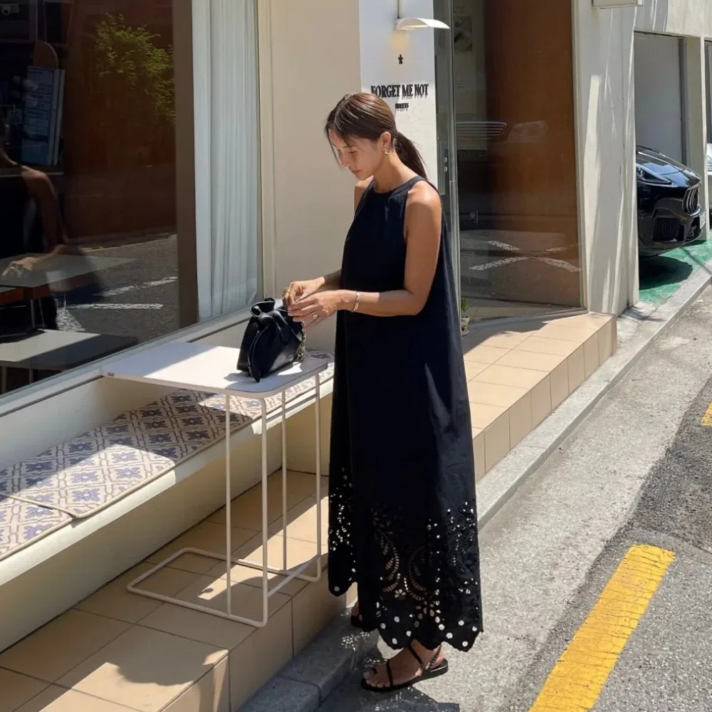100% puro cotone vintage lungo vestito dal carro armato delle donne di estate halter pizzo orlo cavo senza maniche allentato a-line vestito estivo femminile 2025