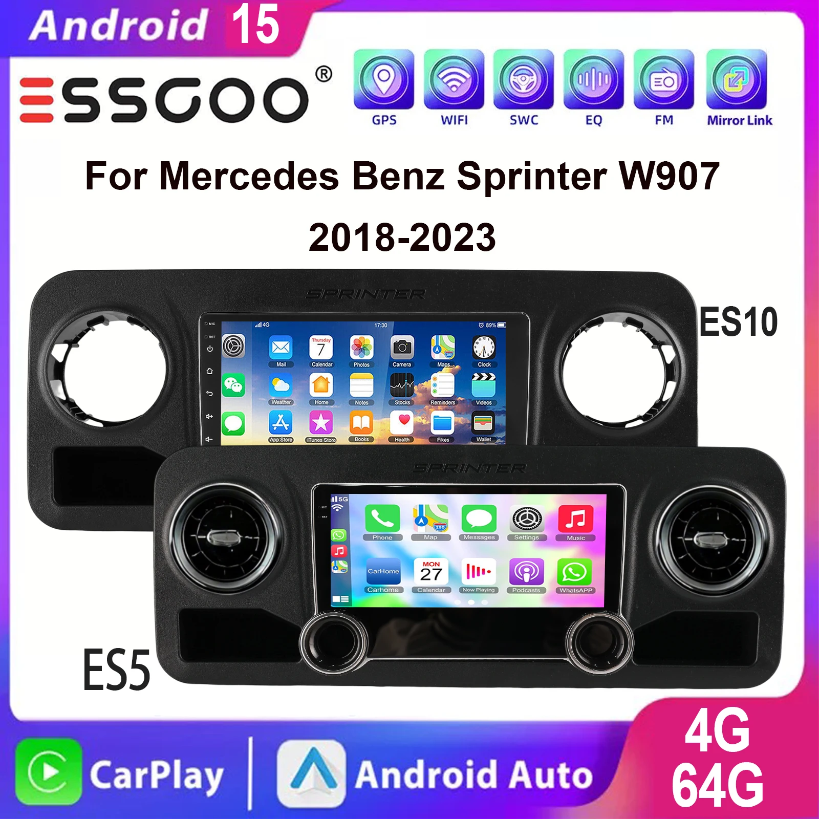 ESSGOO Android 15 IPS Touchscreen Display 10 Zoll Für Mercedes Benz Sprinter W907 2018-2023 Apple CarPlay Android Auto Drahtlos Autoradio GPS Navigation WIFI Lenkradfernbedienung RDS Bluetooth FM USB