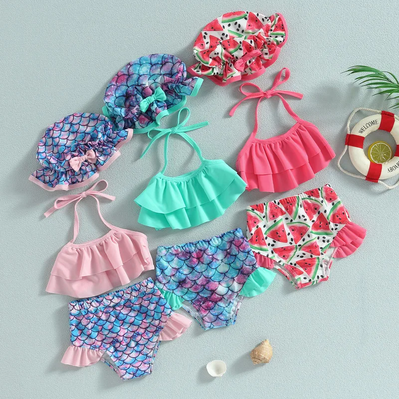 RUEWEY 여아 비키니 수영복, 민소매 행잉 넥 조끼, 해변 수영장 반바지, 모자 포함 수영복, 6 개월 ~ 4 세