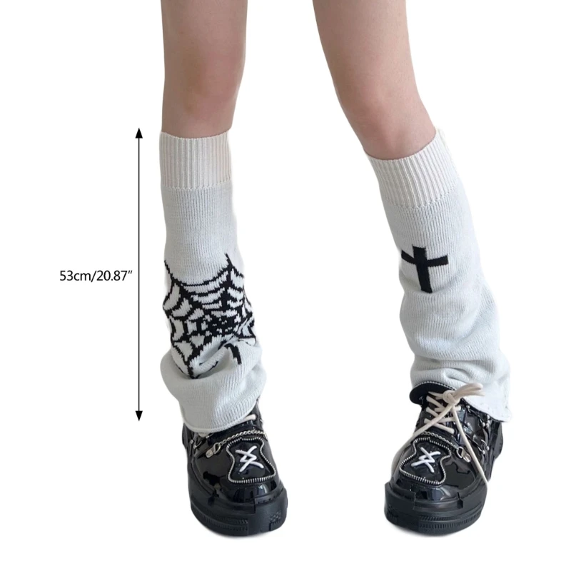 Harajuku Women Lolita Knitted Leg Warmer Socks Gothic Cross Print Knee High Flared Hem Foot Cover Stockings Streetwear M6CD