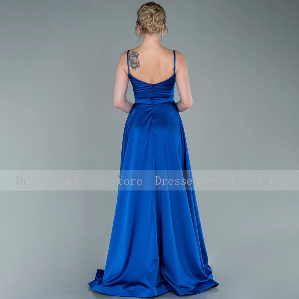 Vestido de noite feminino azul escuro de cetim, cintos de espaguete, cinto longo, linha A, vestido de casamento simples