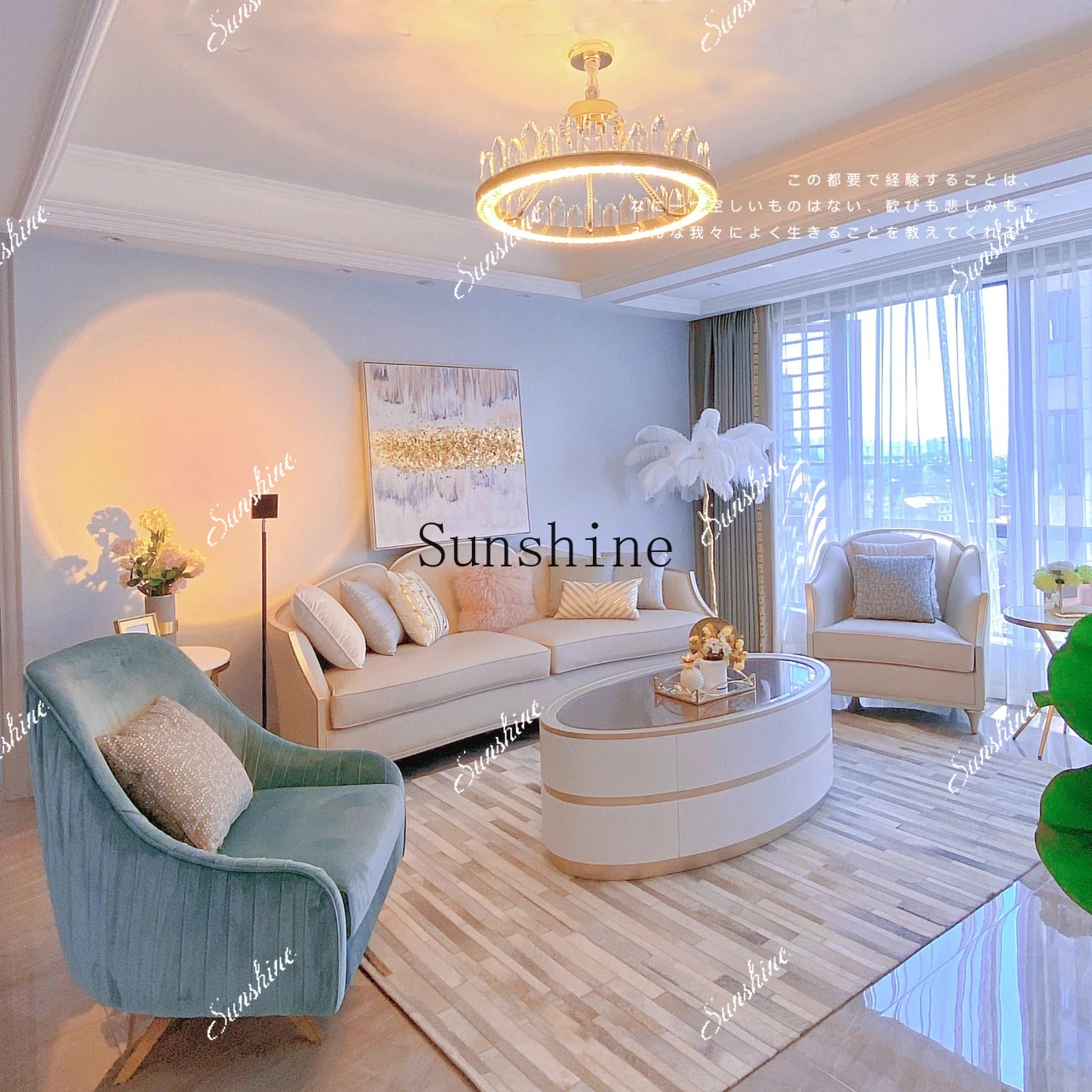 Solid wood petal sofa small apartment living room simple fabric three-person sofa combination FT