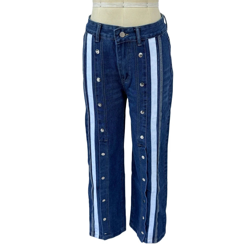 الكورية أزياء خمر المرأة الرجعية شخصية السراويل واسعة الساق اللون كتلة المسامير سبليت الأصفاد الديكور المألوف