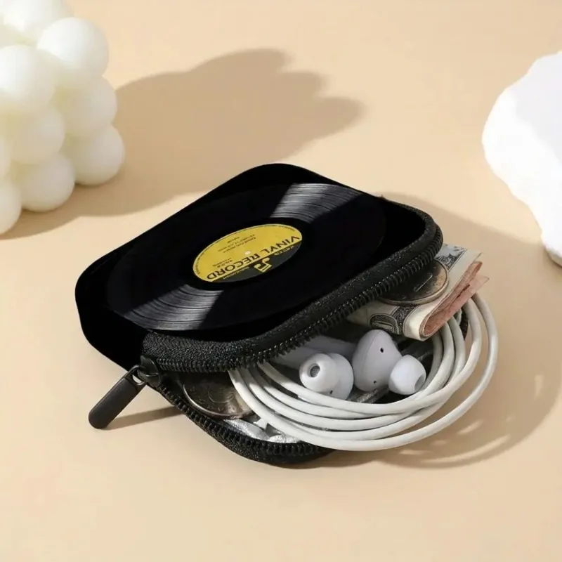 Record Wallet Earphone Bag Trendy Black Film Art Coin Purse Waterproof Lightweight Zippered Bag Pendant Storage Bag Friend Gift