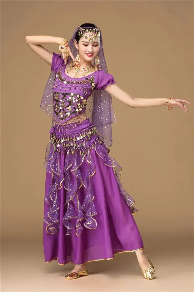 

Indian Costume Set 7-pieces Belly Dance Veil Top Coins Hip Scarf Skirt Belly Dance Costume Women
