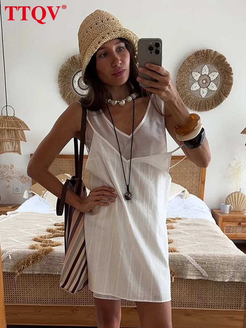 

TTQV Summer Loose White Women's Dress Sexy V-Neck Long Sleeve Mini Dresses Elegant Strap With See Through Female Dress 2 Pieces