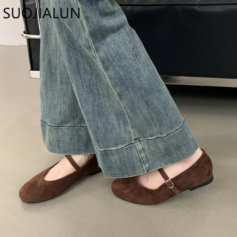 SUOJIALUN Autumn Women Flat Shoes Fashion Candy Color Ladies Round Toe Mary Jane Shoes Soft Sole Shallow Slip On Ballerinas Shoe