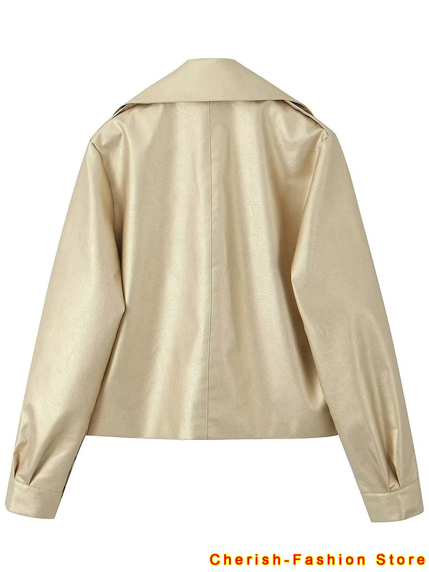 Giacca da moto in finta pelle da donna Chic Gold elegante cappotto in PU a maniche lunghe con risvolto allentato 2023 autunno Lady Fashion soprabito