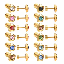 2022 New 12 Pairs Stainless Steel No Fading Zirconia Flower Earrings for Women Gold Color Fashion Gift Jewelry Party Accessories