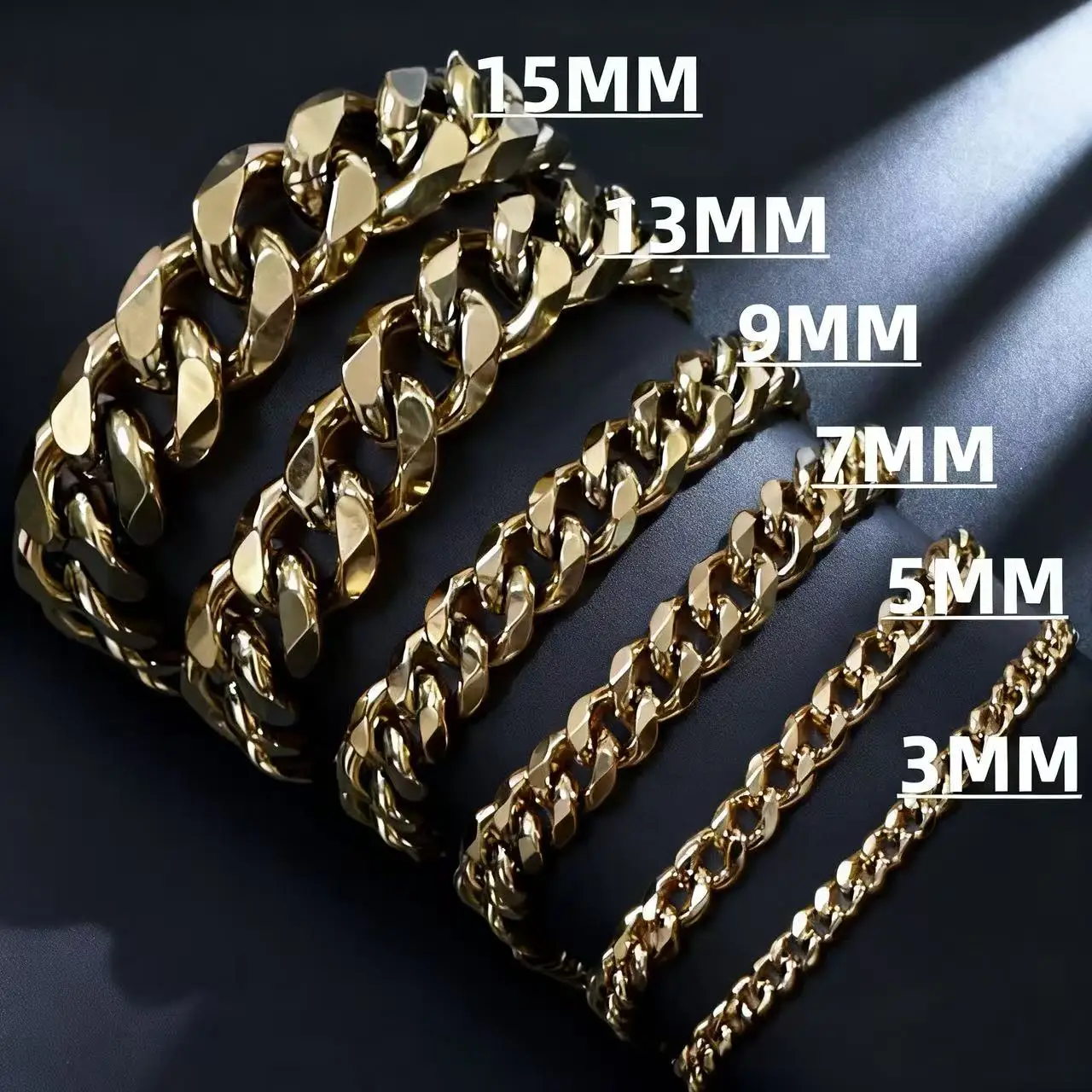 HNSP Stainless Steel Cuban Link Chain Gold Color Bracelet For Men Adjustable Size Trend Jewelry Hand Chains 3/5/7/9/13/15MM Wide