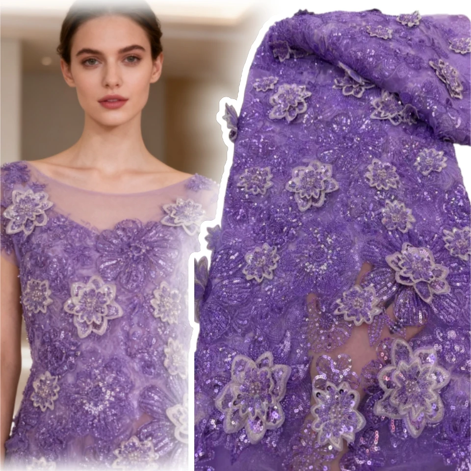 

Luxury 3D Beads Lace African 2025 High Quality 5 Yards Handmade Beads Sequins Fabric Nigeria for Evening Party Dress AH1800