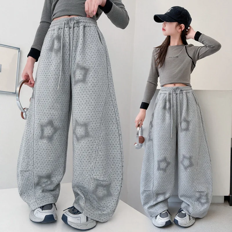 Girls Stylish Pants With Star Pattern For Children High Fashion Tousers Kids Loose Casual Streetwear Sweatpants Track Pants