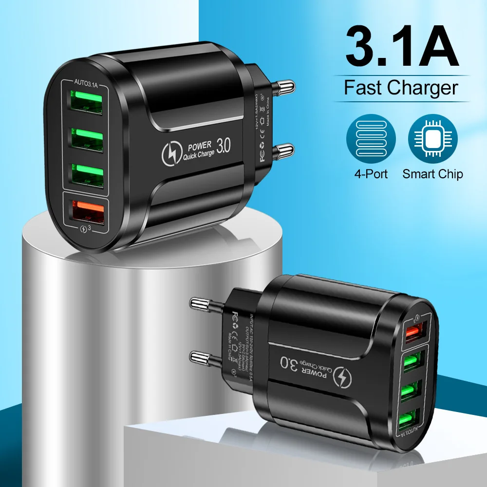 48W QC3.0 4-Port USB Fast Charger EU Plug 3.1A Quick Charge Travel Adapter for iPhone Samsung Xiaomi Multi-Device Charging