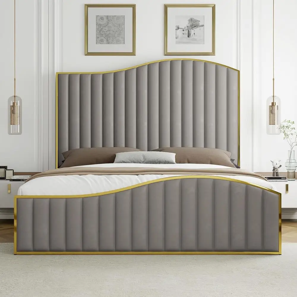 

King Size Velvet Harp Bed Frame with 61.4 High Headboard, Gold Trim, Wooden Slats, Light Grey