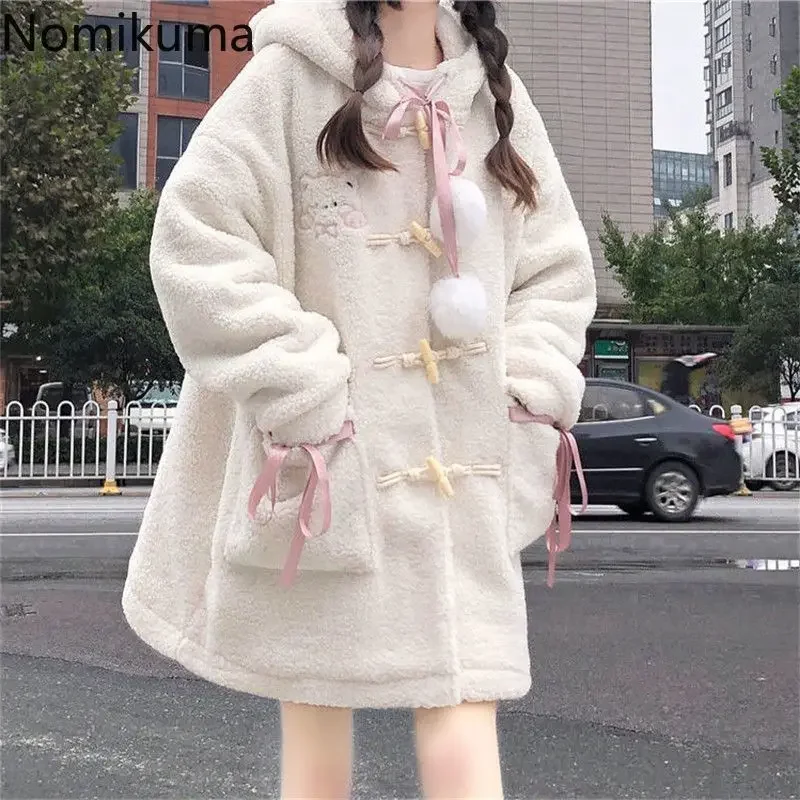 Winter Coat Warm 2024 Women Clothing Preppy Style Fashion Thicked Hooded Outwear Oversized Tops Pockets Bow Cartoon Cute Jackets