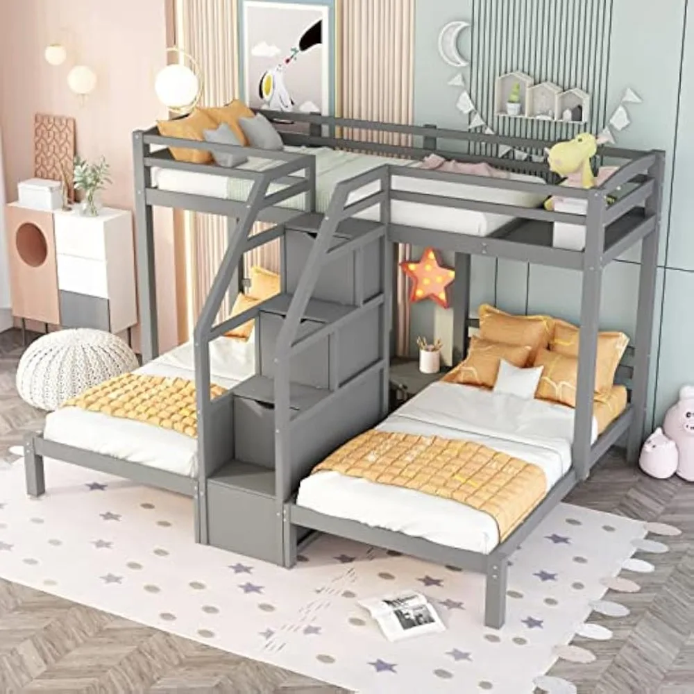 

Twin Over Twin Bunk Bed for 3, Wood Triple Bunk Beds with Stairs, 3 Bunk Beds with Storage for 3 Kids,No Box Spring Needed(Gray)