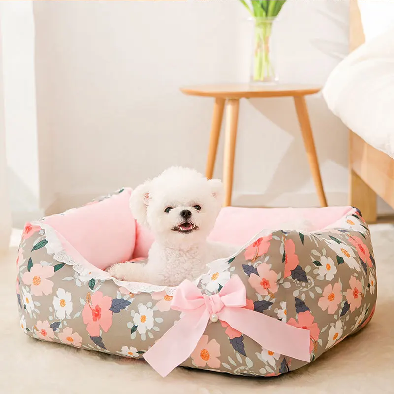 

New pet cat dog square beds and houses Floral bow princess style Four seasons Cat litter small medium couch accessories