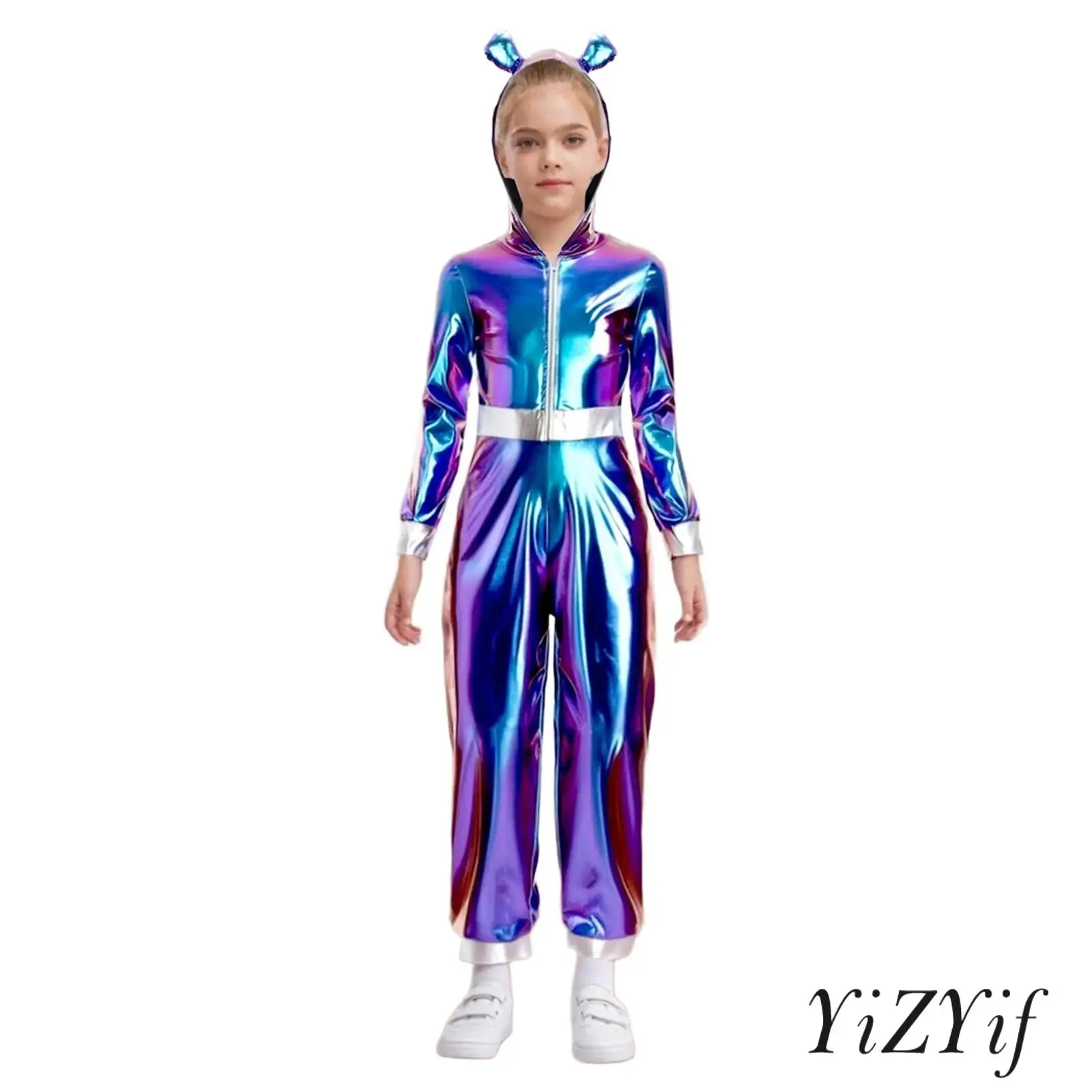 

Girls Halloween Astronaut Alien Cosplay Costume Long Sleeves Shiny Metallic Zipper Jumpsuit Carnival Role-play Rompers Bodysuit