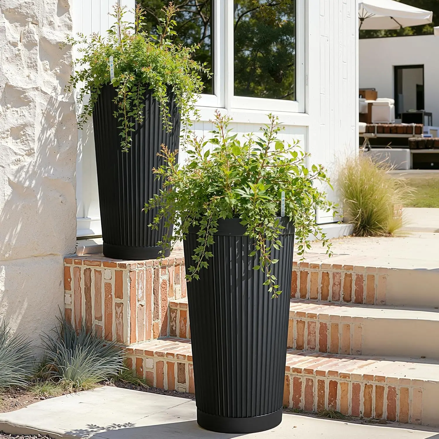 

Black Ribbed Tall Planters Set of 2, 24 Inch Self Watering Outdoor Flower Pots with Drainage for Front Porch Garden