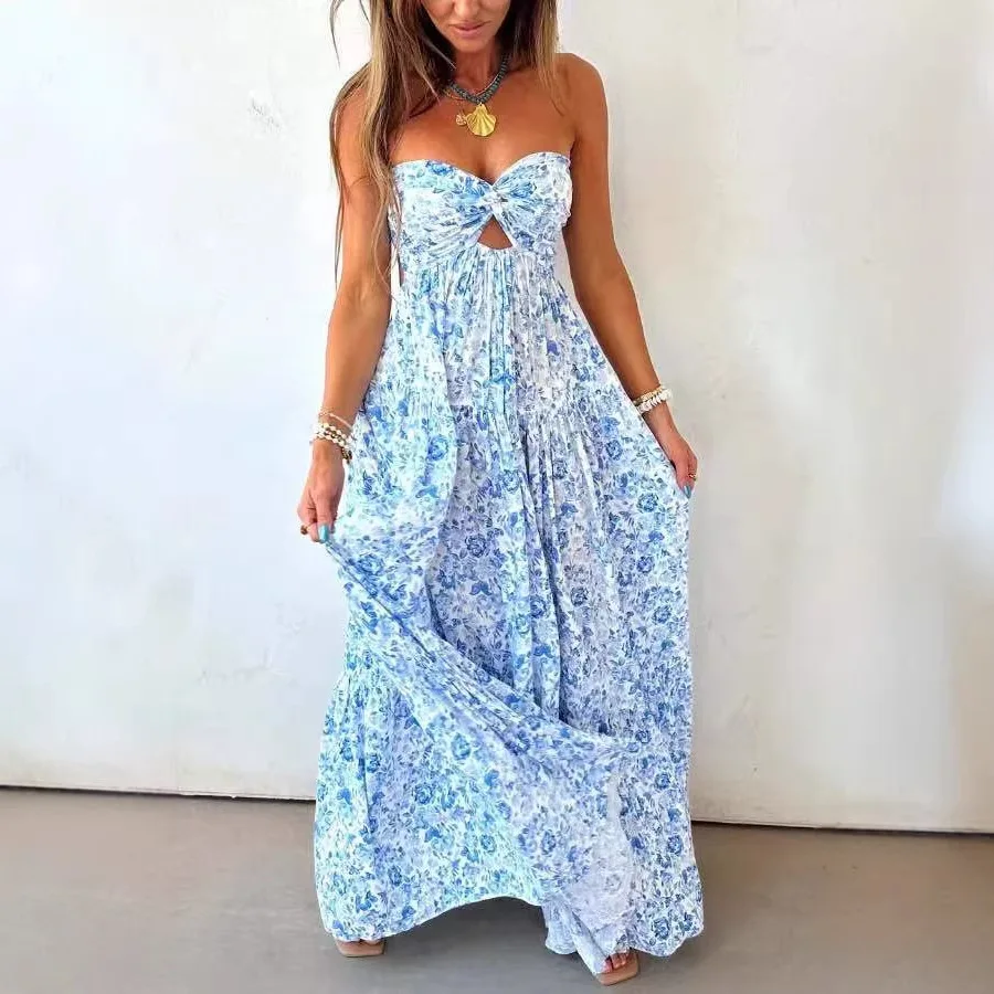 

Women's Flower Print Tube Top Long Dresses Summer New Seaside Vacation Style Sleeveless Dress Sexy Hollow Out Low Cut Backless