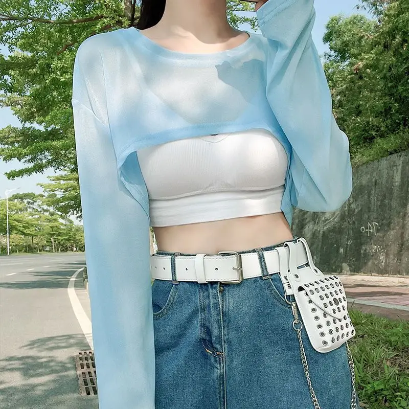 Sheer T-shirts for Women Crop Tops Casual Summer Thin Sun-proof O-neck Daily Long-sleeve Fashion Ins College Ulzzang Style Loose