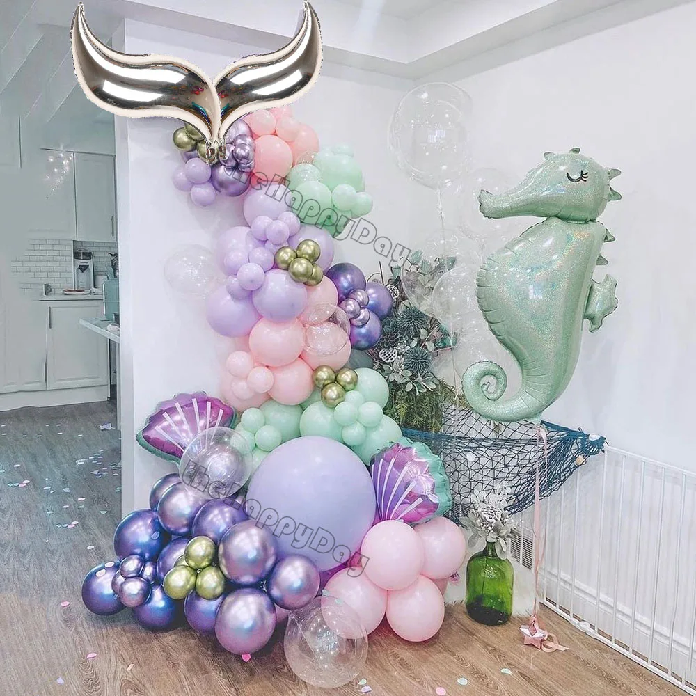 107Pcs Mermaid Tail Shell Balloon Arch Garland Kit Macaron Balloons Wedding Baby Shower Girls Mermaid Birthday Party Decor