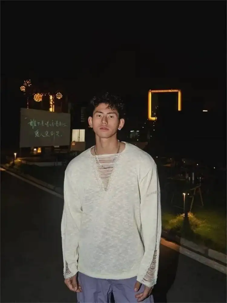 Autumn Winter Men's Knitting Sweater Thin Hollow Out Knit Sweater Deep V Neck Pullover Alluring Destructive Design Upper Garment