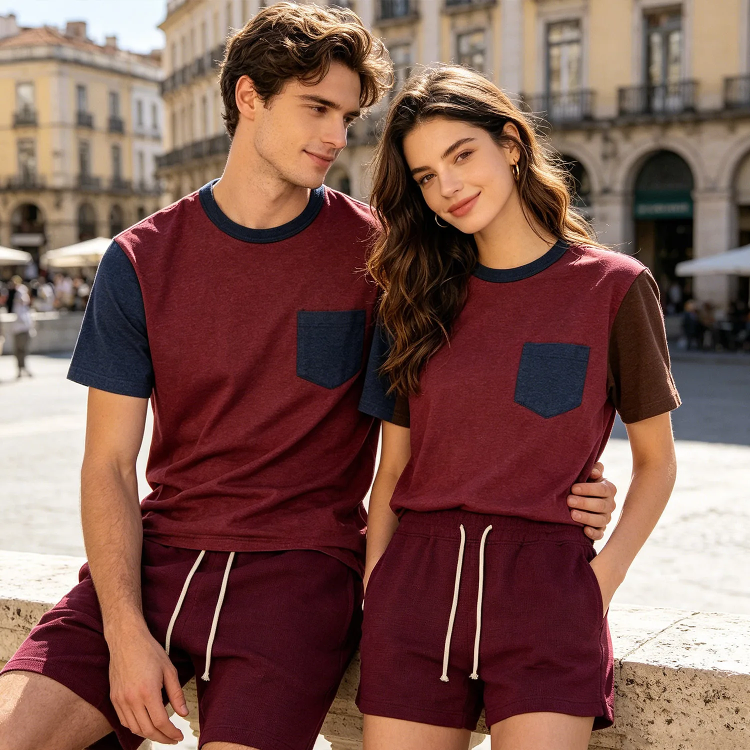 1Set Couple Outfit Summer Cotton Retro Block Pocket Tee Preppy Coarse Yarn Drawstring Loose Sports 5