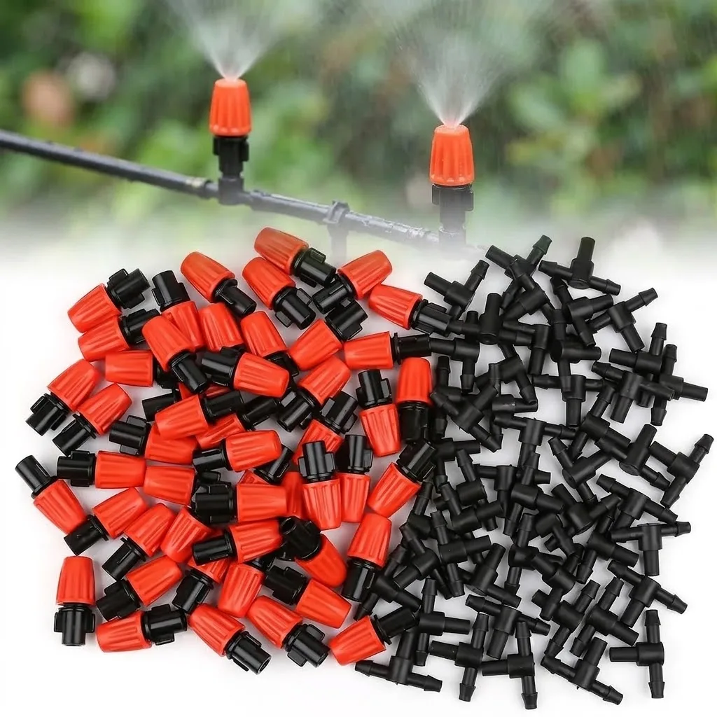 Orange Adjustable Misting Nozzle 7.5-10L/H T-Type With 1/4 Inch Tee Connector For 4/7mm Hose Sprayer Watering System Garden Use