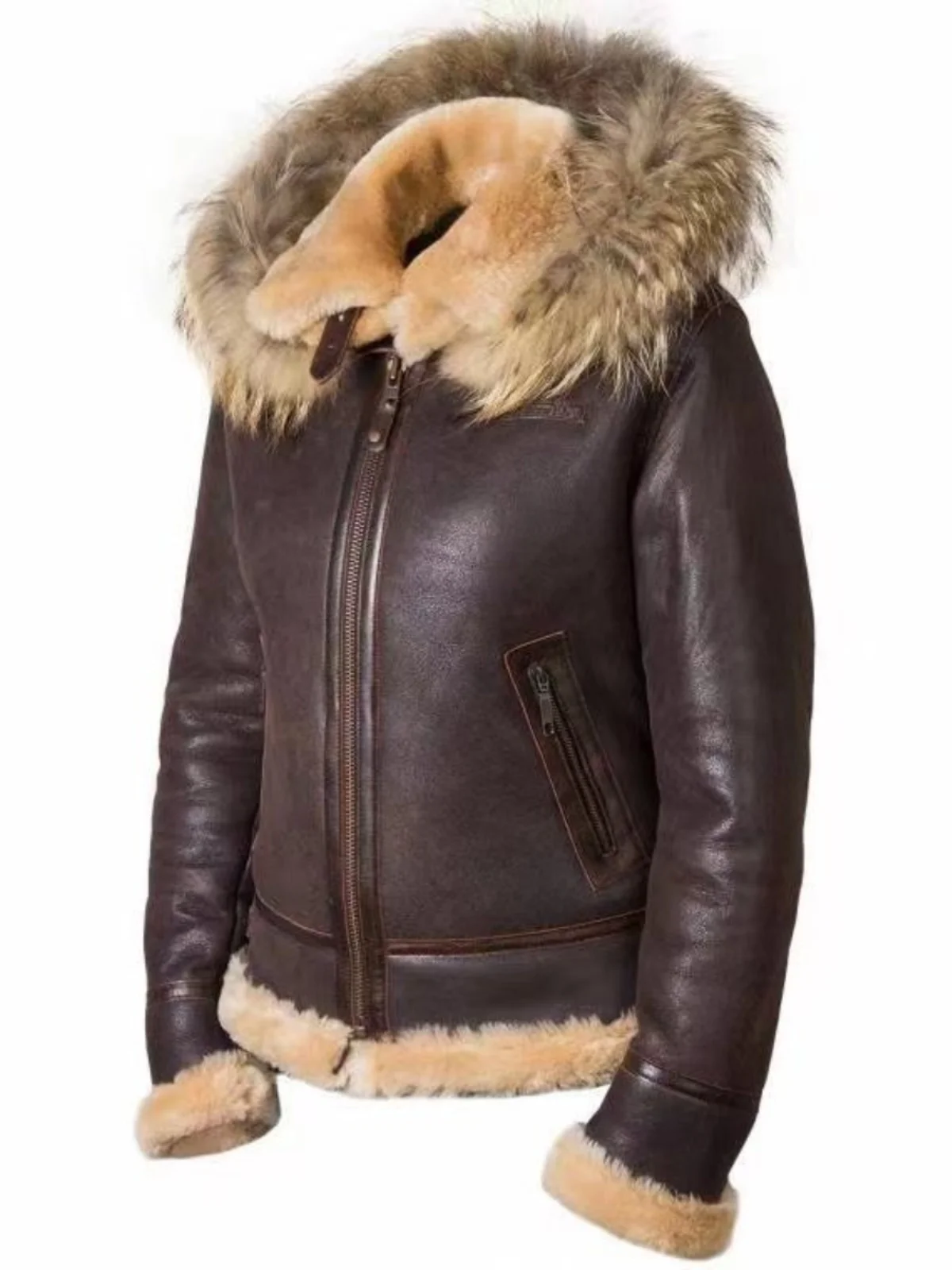 

Ecological Outdoor Leather Coat with Hood for Men Casual Busin Sle Zipper Closure Regular Length eepskin Jaet