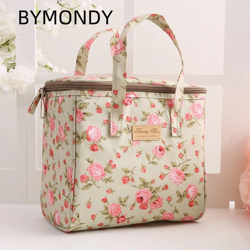 

BYMONDY Floral Insulated Lunch Bag for Women Work Picnic Large Cooler Bags Reusable Waterproof Canvas Thermal Lunch Bag Tote Box