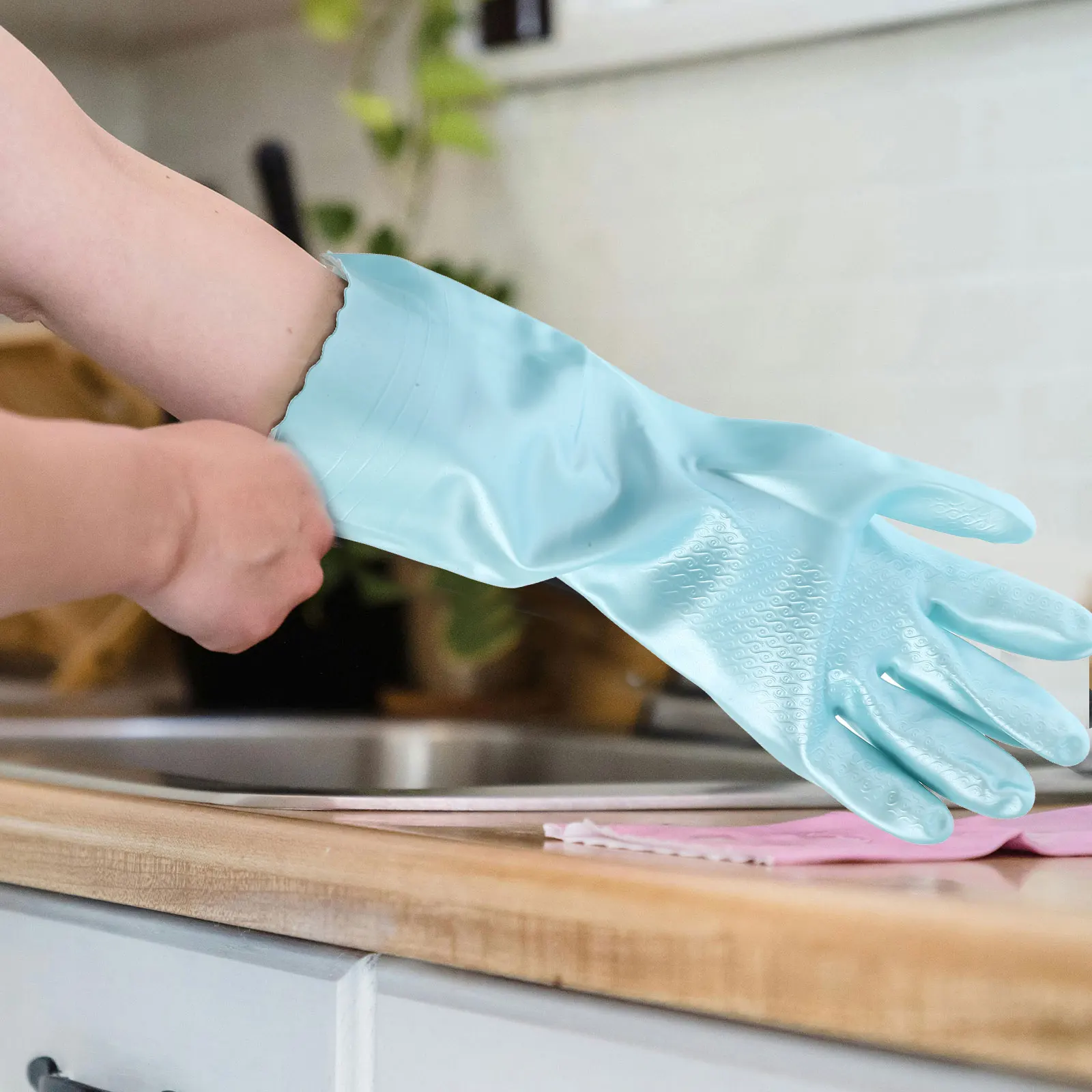 

2pcs Rubber Dishwashing Lengthened Kitchen Cleaning Gloves Waterproof Reusable Thickened Grip For Household Dish Gloves Large