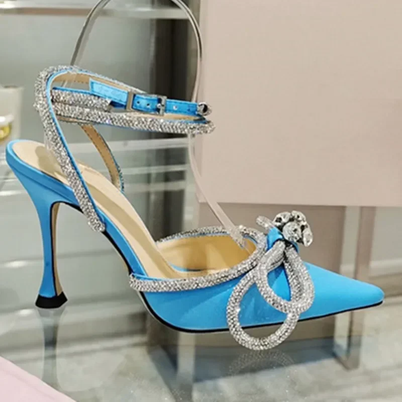 Fashion Pointed Toe Satin Luxury Rhinestone Big Bowknot Twine Women Sandals Summer Gladiator Banquet Party Wedding High Heels
