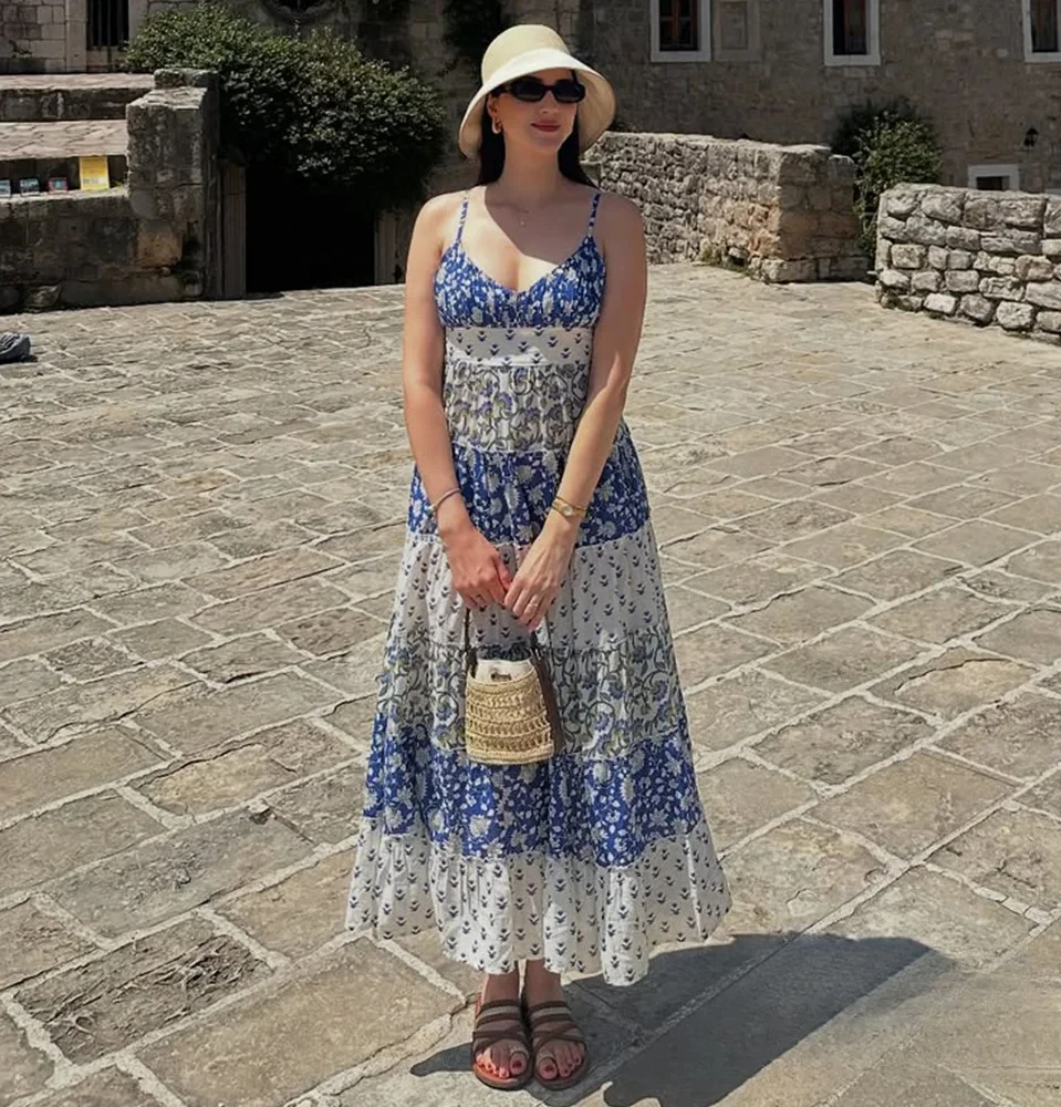 KONDALA レディース ブルー プリントドレス パッチワークプリント レイヤード スプライシング キャミ ロングドレス 新作 2025 夏 秋 ファッション ビーチ パーティー ドレス