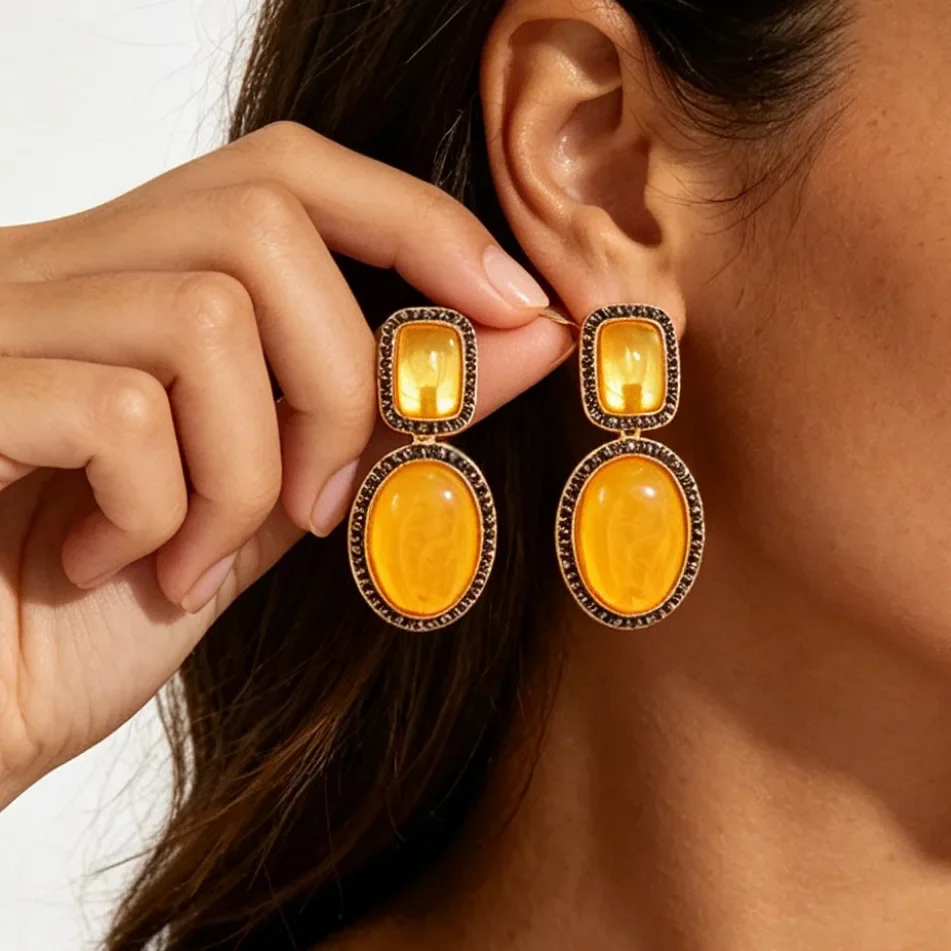 Vintage Yellow Amber Resin Drop Earrings Two Layers Rectangle Oval Stone Antique Metal Frame Dangle Earrings for Women