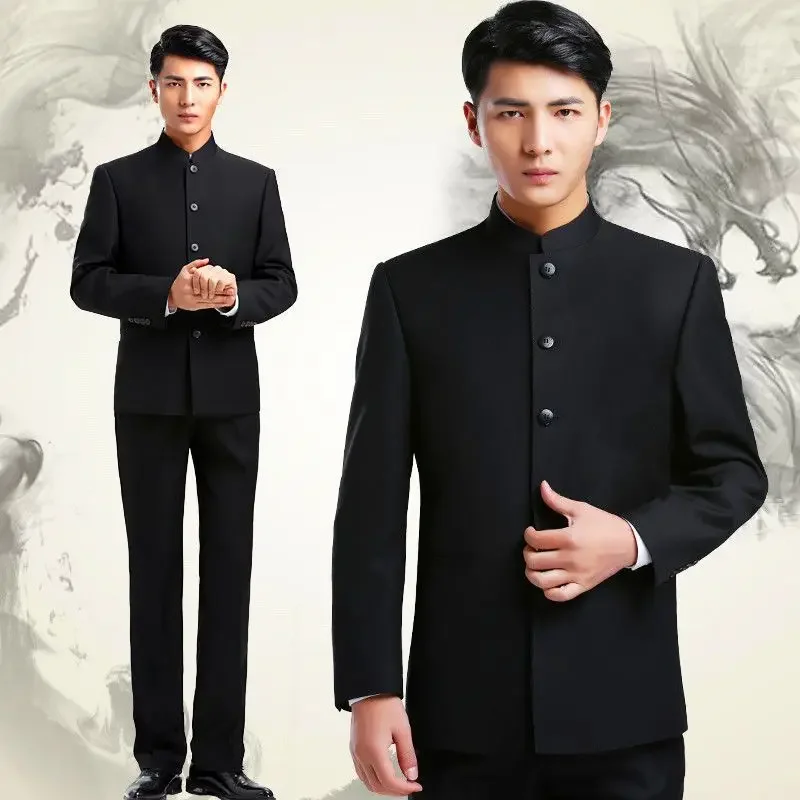 Zhongshan Suit Men's Blazer Youth Chinese Stand Collarslims Smooths Your Silhouette Performance Vintage New Groom Wedding Dress