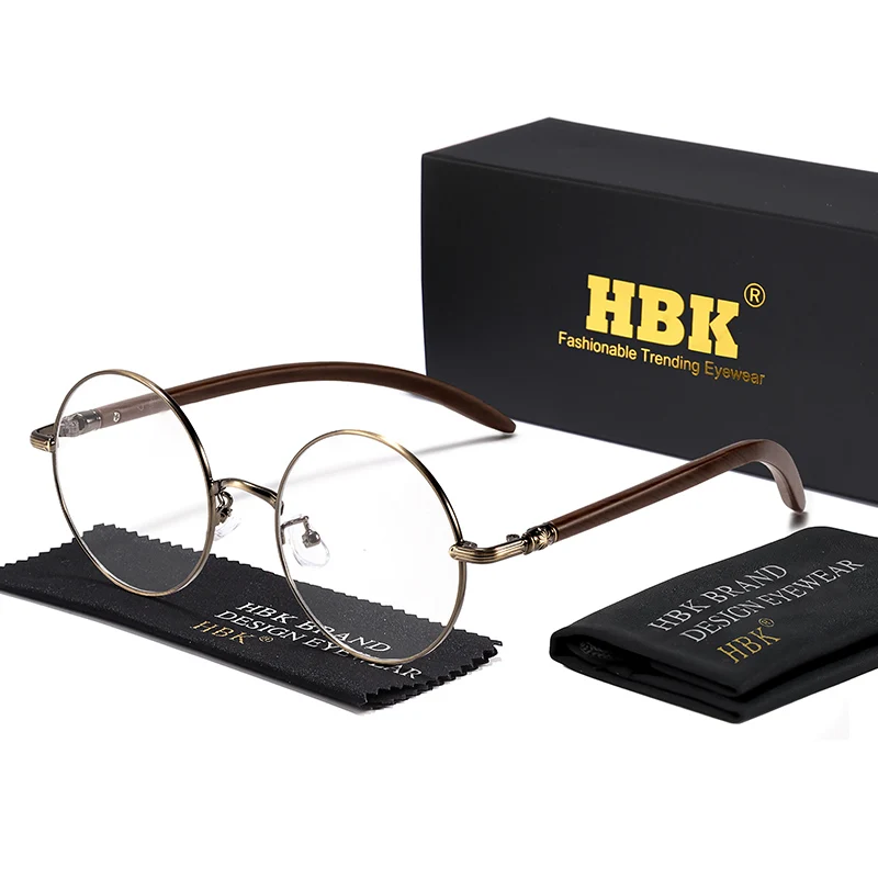 HBK Retro Anti-Blaulicht-Brille für Damen, runder Rahmen, Holzmaserung, Metallrahmen, Herrenmodell mit flachem, leichtem Rahmen, hochwertige Brillen – Detail 5