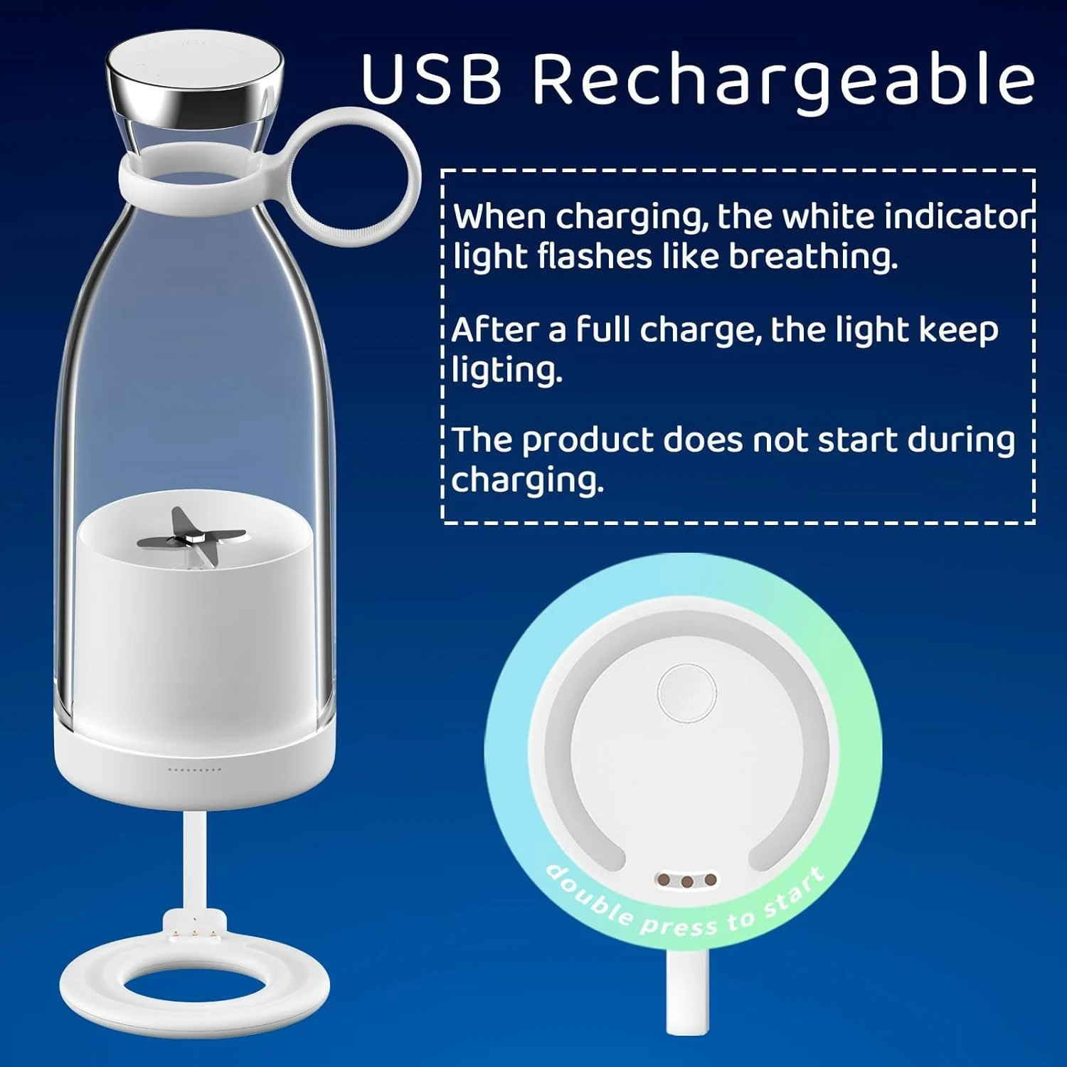 White Rechargeable Portable Blender with 4 Blades, Compact Small Blender for Smoothies and Shakes, Personal Blender with Travel