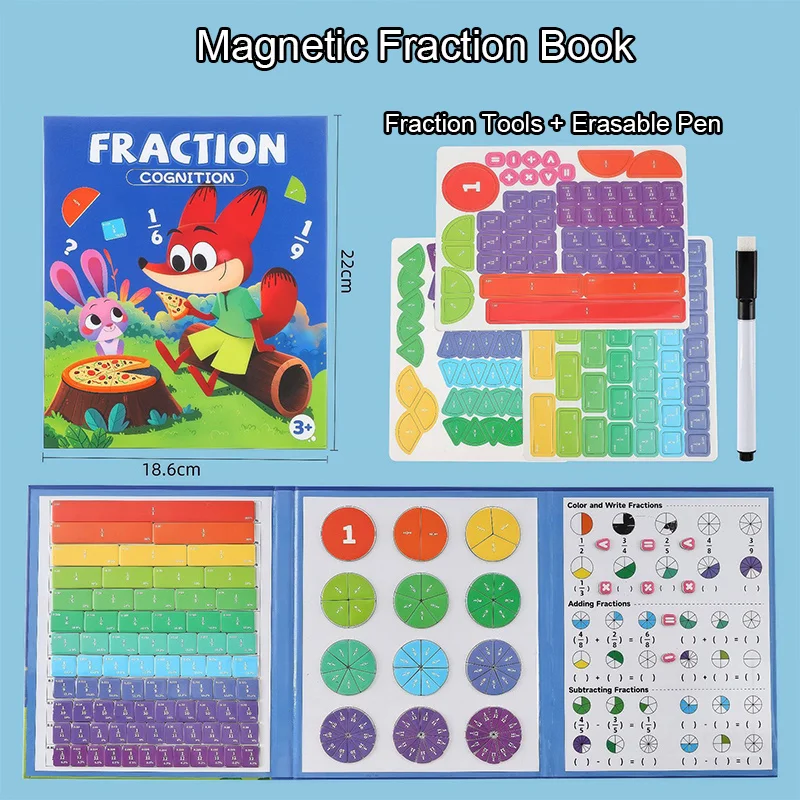 Brinquedo de aprendizagem de fração magnética para crianças - disco matemático educacional triplo com quebra-cabeças de partição visual