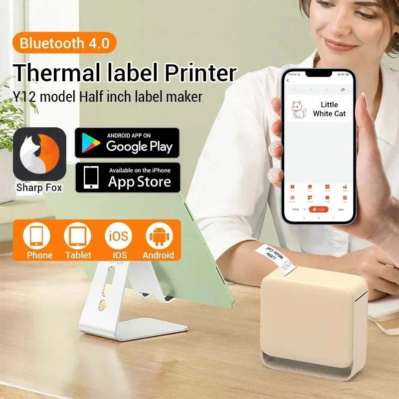 Y12 Thermal Label Printer 203dpi Barcode Smart Mini Portable Sticker Machine Indicator for Retail