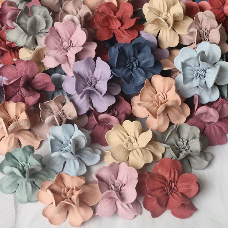 10Pcs 4.5CM Leather Artificial Fake Flower Hats Shoes Headband Hair DIY Accessories Decorative Flowers Applique