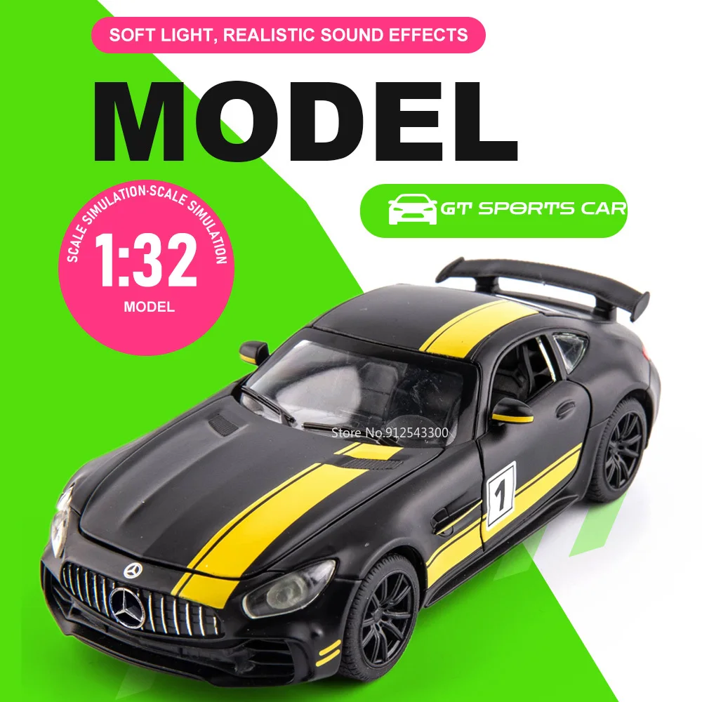 

1:32 GT 300SL Car Model Toy Doors Opened Sound Light Miniature Models Pull Back Rubber Tires Vehicle for Kids Birthday Gift