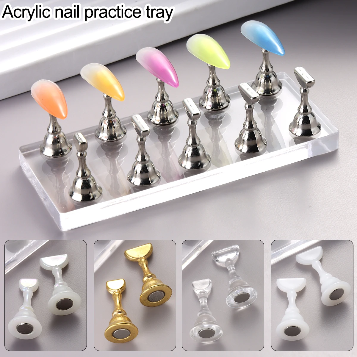 Magnetic nail holder, false nail tip practice station, crystal base holder, nail art display art salon and nail practice tray