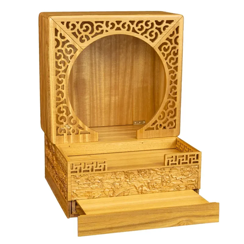 

Golden pomelo wood folding portable Buddhist niche lacquerless new Chinese style wall hanging plaque decoration with door